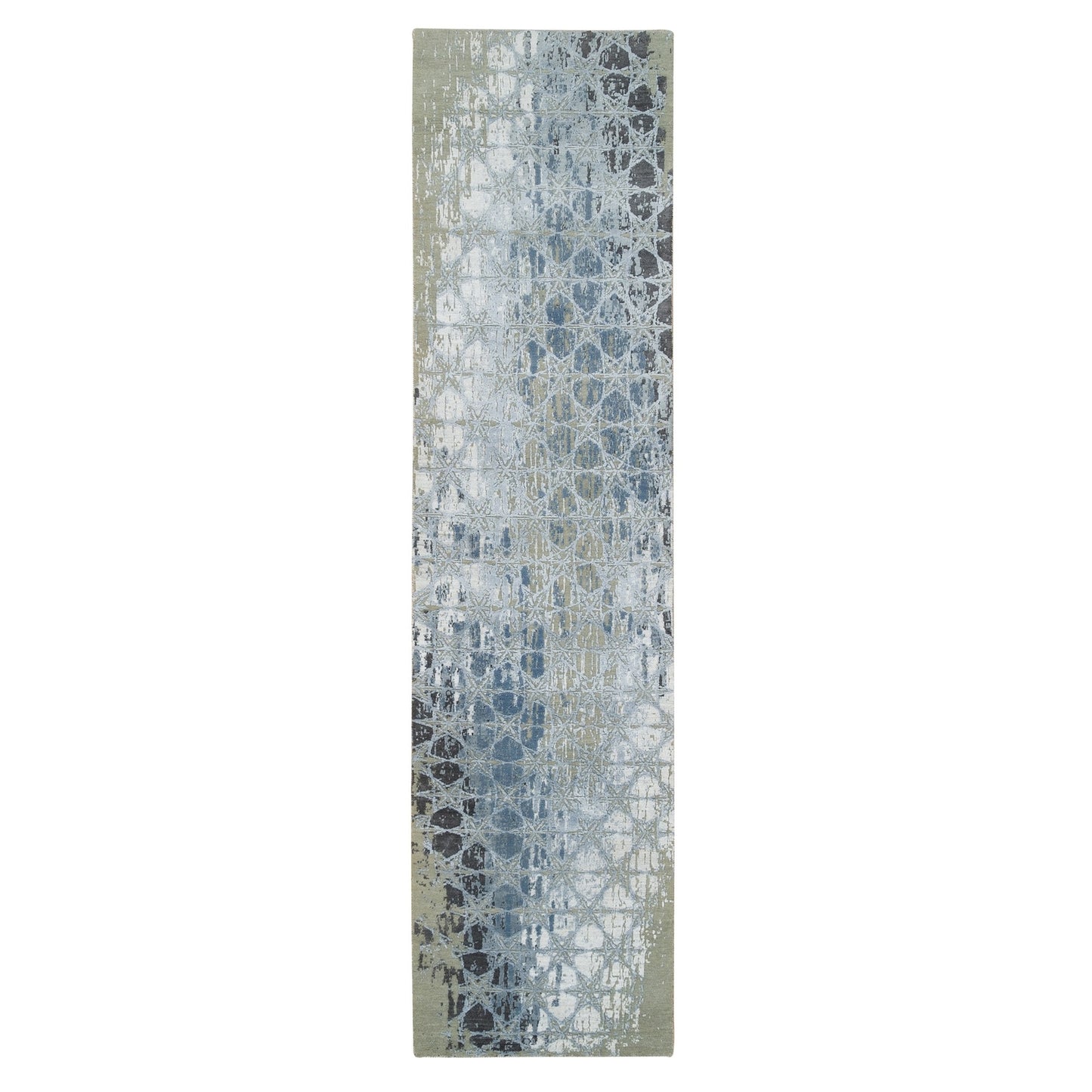 2'7"X12' Gray The Honeycomb Design Hand Knotted Wool And Silk Runner Rug