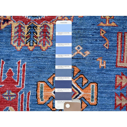 8'1"X9'10" Blue Afghan Caucasian Design Revival Hand Knotted Soft Wool Rug