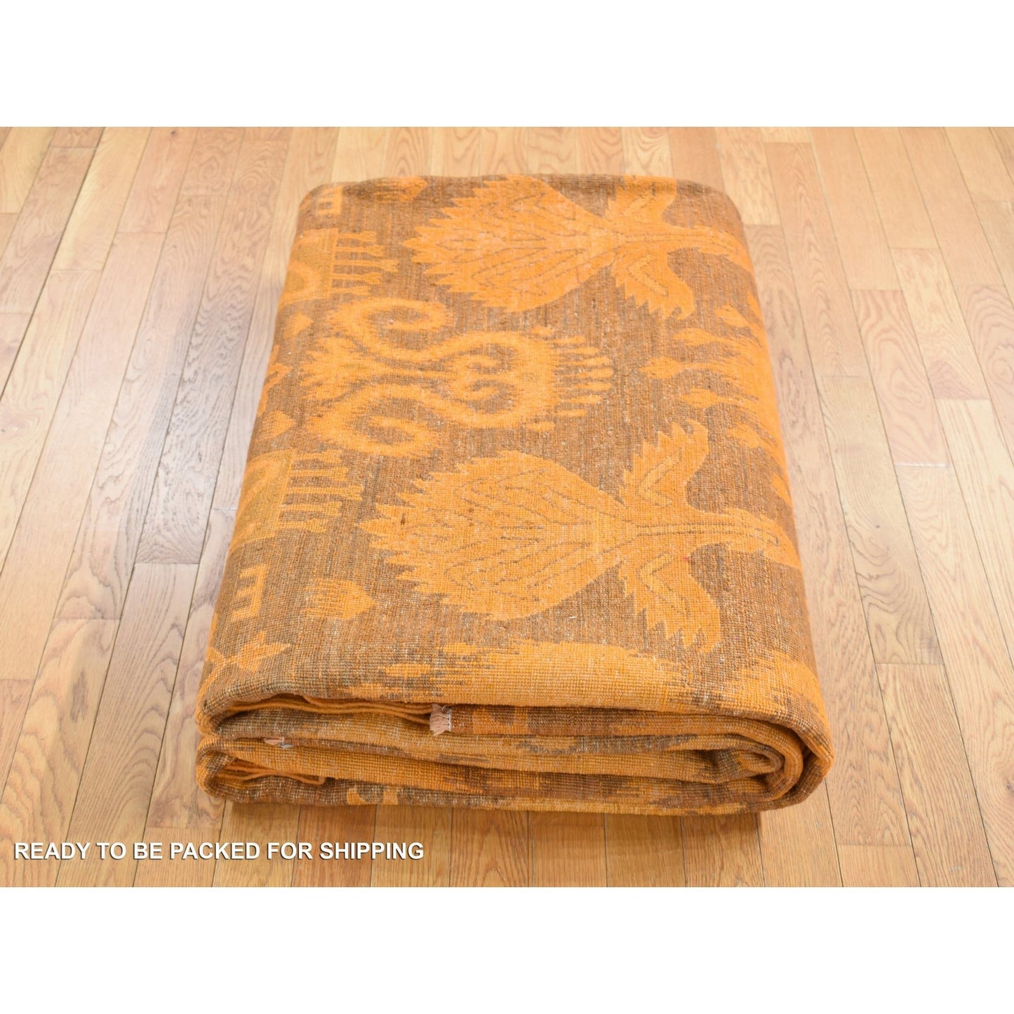 9'1"X12'3" Hand Knotted Pure Wool Orange Cast Overdyed Ikat Oriental Rug