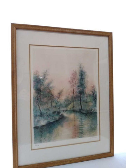 Antonio Rivera Signed Lithograph Forest By The Water 64/200 Spanish Landscape
