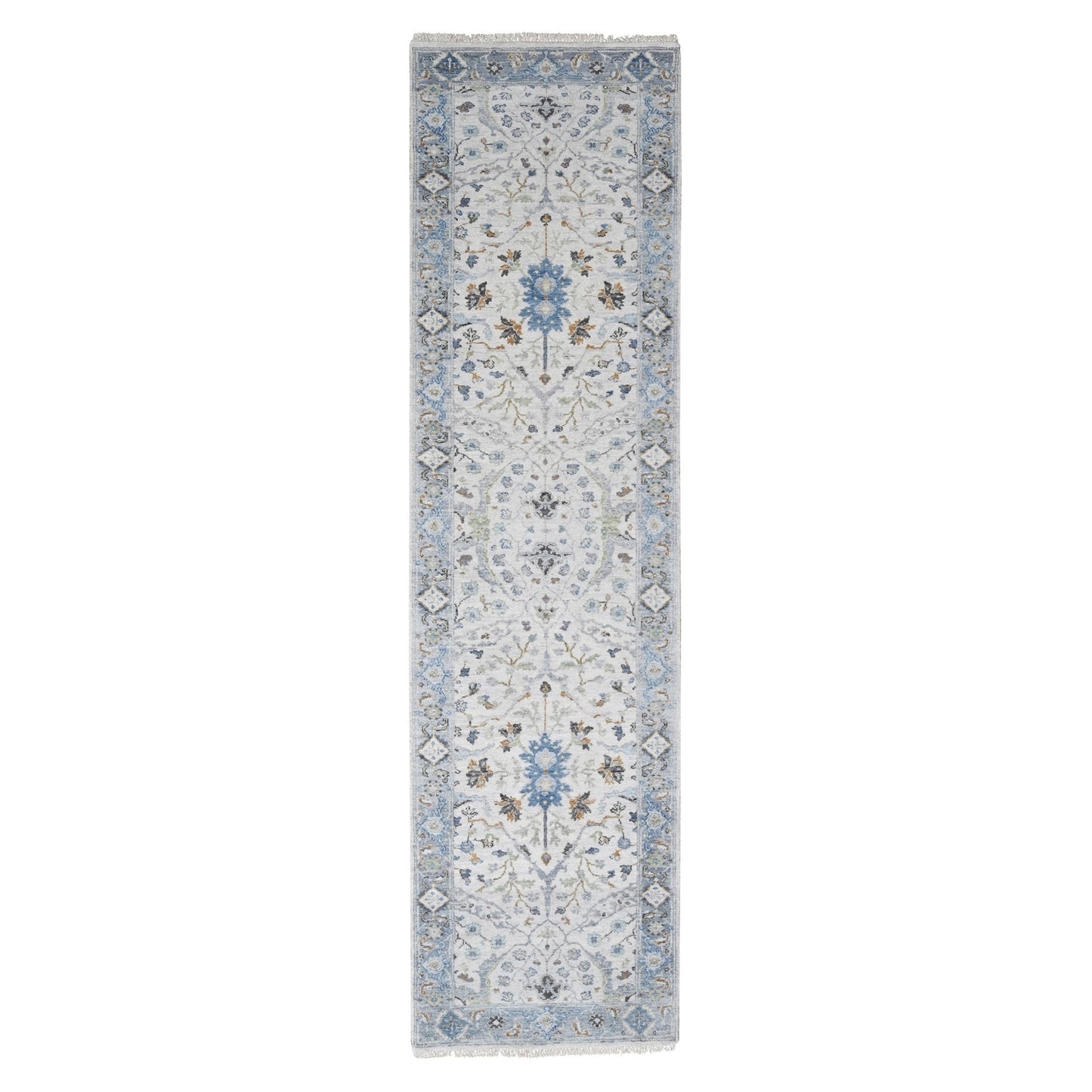 2'7"X9'10" Agate Gray Oushak Floral Motifs Wool Hand Knotted Runner Rug