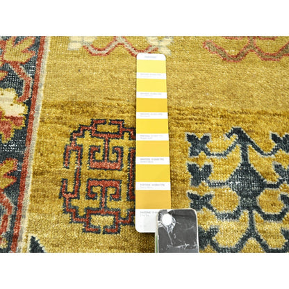 6'1"X9'4" Yellow Khotan Influence Distressed Hand Knotted 100% Wool Rug