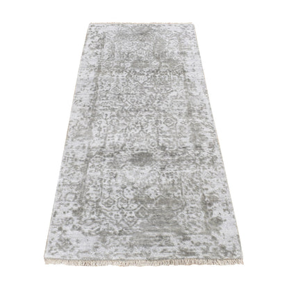 2'7"X6' Gray Hand Knotted Wool And Silk Zoroastrian Design Runner Rug