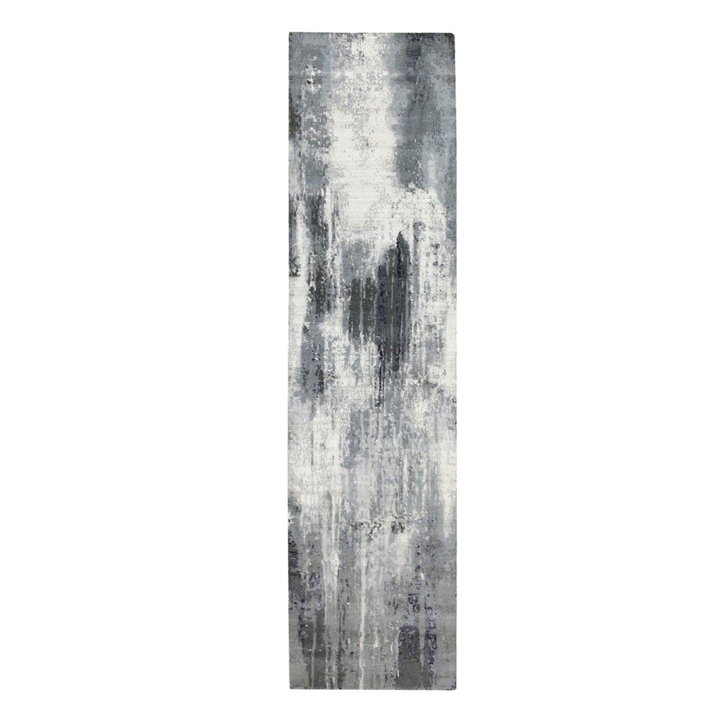 4'3"X10' Gray With Charcoal Black Hand Knotted Abstract Wool-Silk Rug