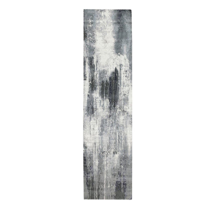 4'3"X10' Gray With Charcoal Black Hand Knotted Abstract Wool-Silk Rug