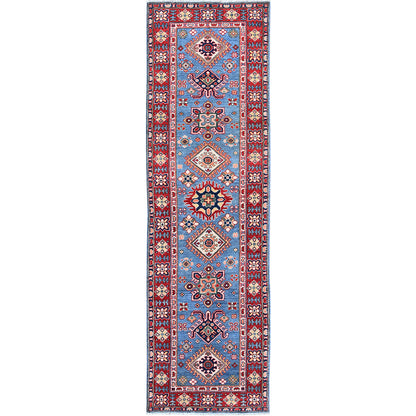 2'9"X9'6" Blue Kazak With Tribal Design Hand Knotted Soft Wool Runner Rug