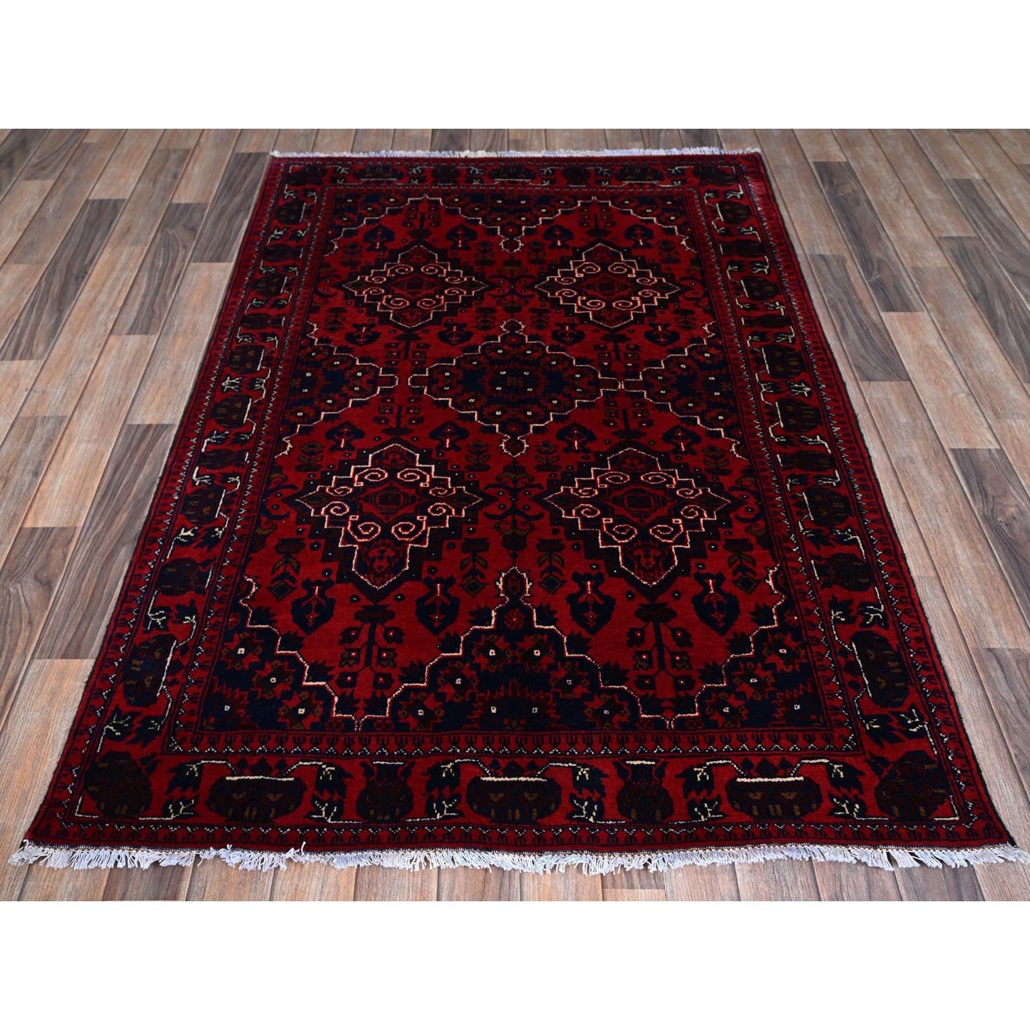 3'10"X5'7" Red Afghan Khamyab Geometric Design Hand Knotted Soft Wool Rug