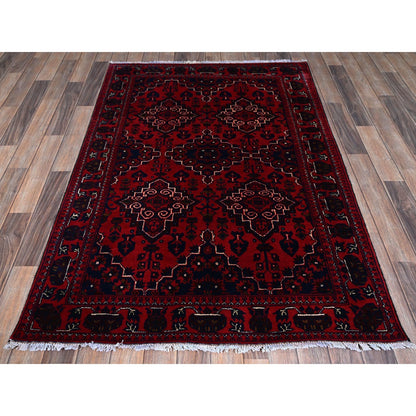 3'10"X5'7" Red Afghan Khamyab Geometric Design Hand Knotted Soft Wool Rug