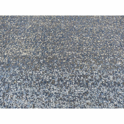 10'X14' Yale Blue Wool And Silk Modern Gradation Design Hand Knotted Rug