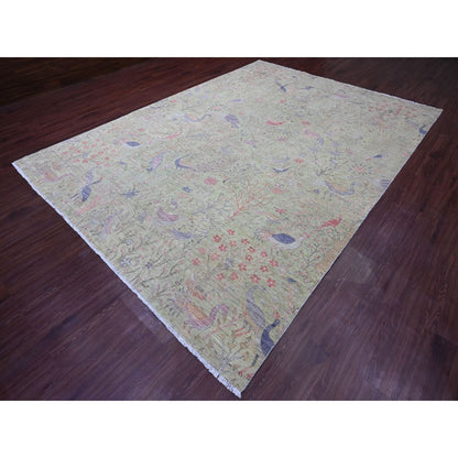 8'10"X12'3" Green Afghan Peshawar Birds Design Hand Knotted Soft Wool Rug