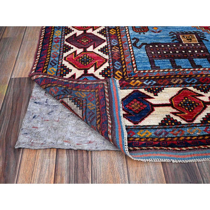 6'X8'1" Blue Afghan Caucasian Design Revival Hand Knotted Soft Wool Rug