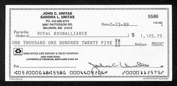 Johnny Unitas Hof Signed/Autographed 1999 Bank