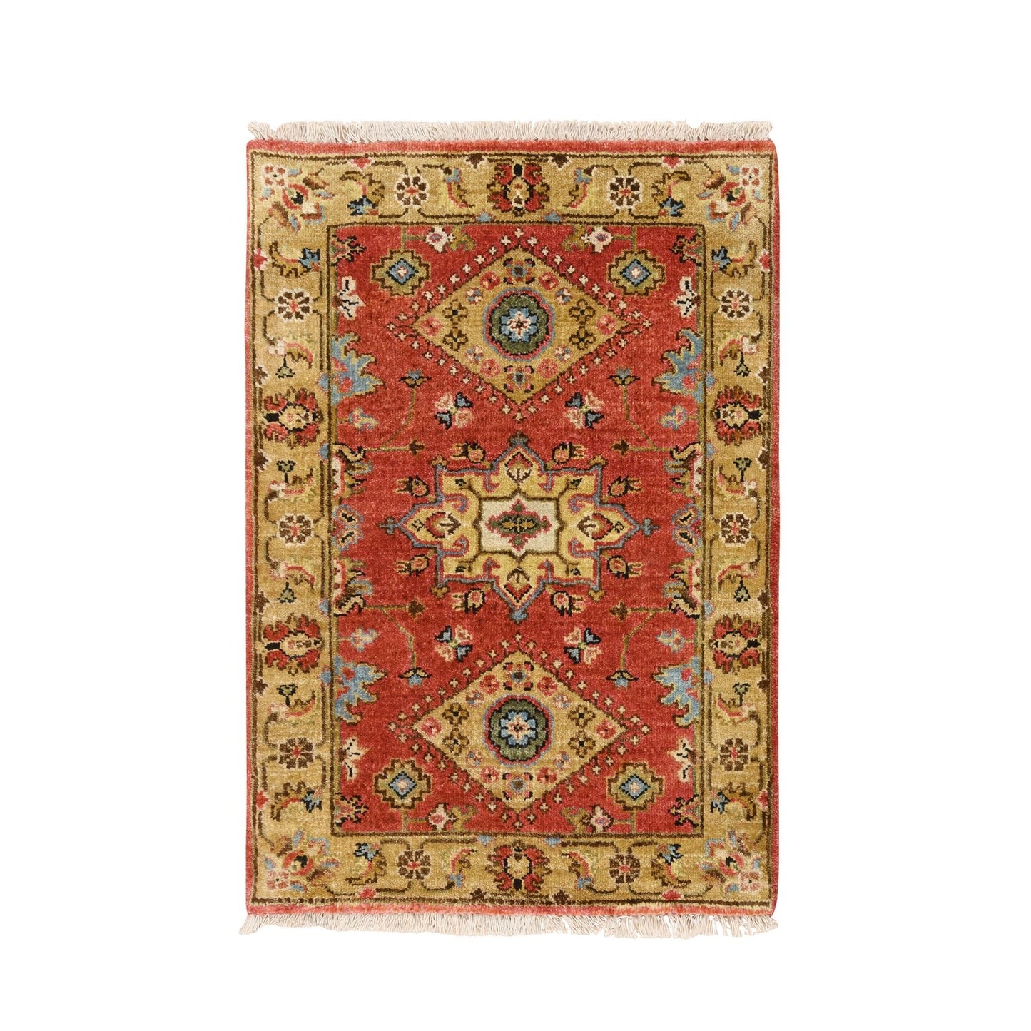 2'X3' Red And Beige Karajeh Design Wool Hand Knotted Oriental Rug