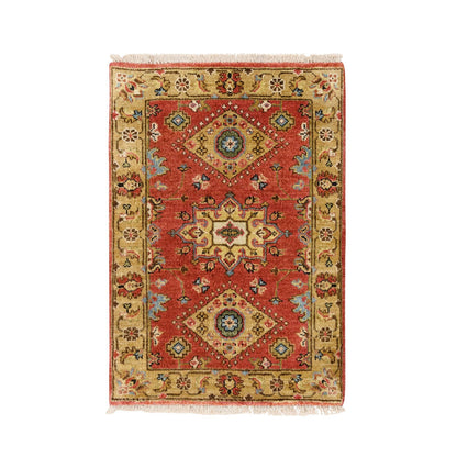 2'X3' Red And Beige Karajeh Design Wool Hand Knotted Oriental Rug