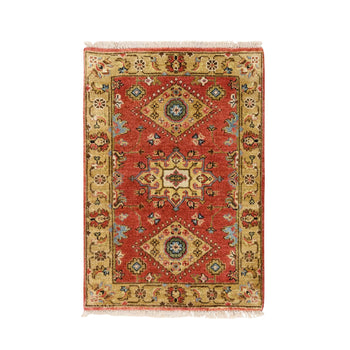 2'X3' Red And Beige Karajeh Design Wool Hand Knotted Oriental Rug