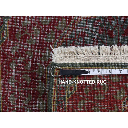 2'6"X9'10" Green Vintage Look Mamluk Worn Wool Hand Knotted Runner Rug