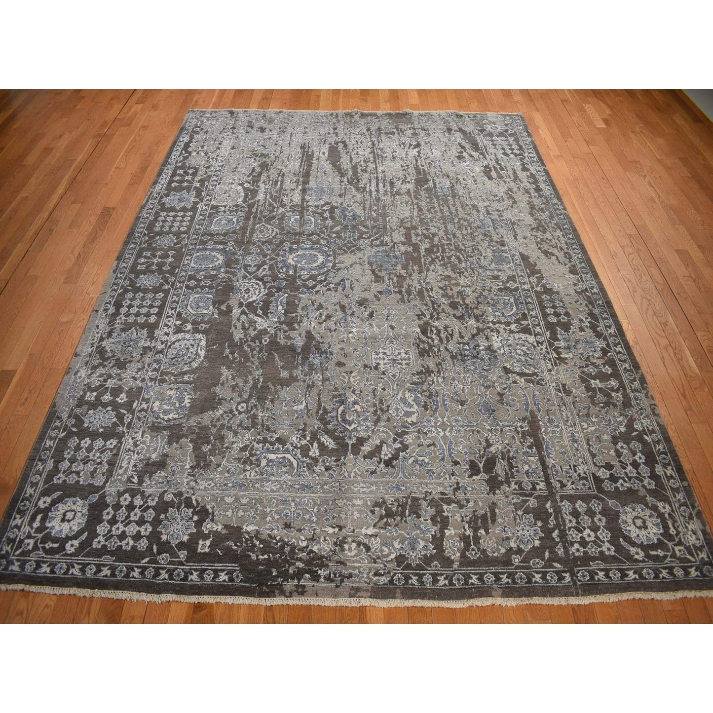 9'1"X11'10" Brown Broken And Erased Flower Blossom Design Oriental Rug