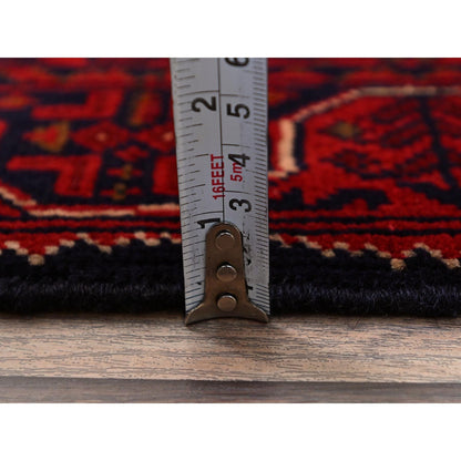 1'8"X4'9" Red Afghan Khamyab Geometric Pattern Hand Knotted Wool Runner Rug