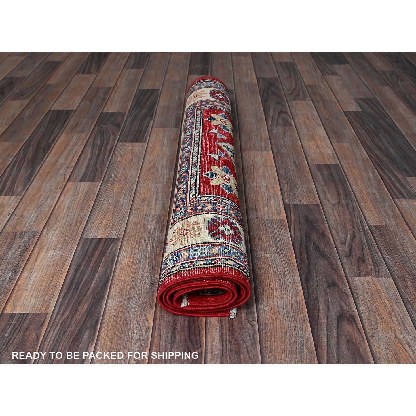 3'3"X4'10" Red Kazak With Geometric Design Hand Knotted Wool Oriental Rug