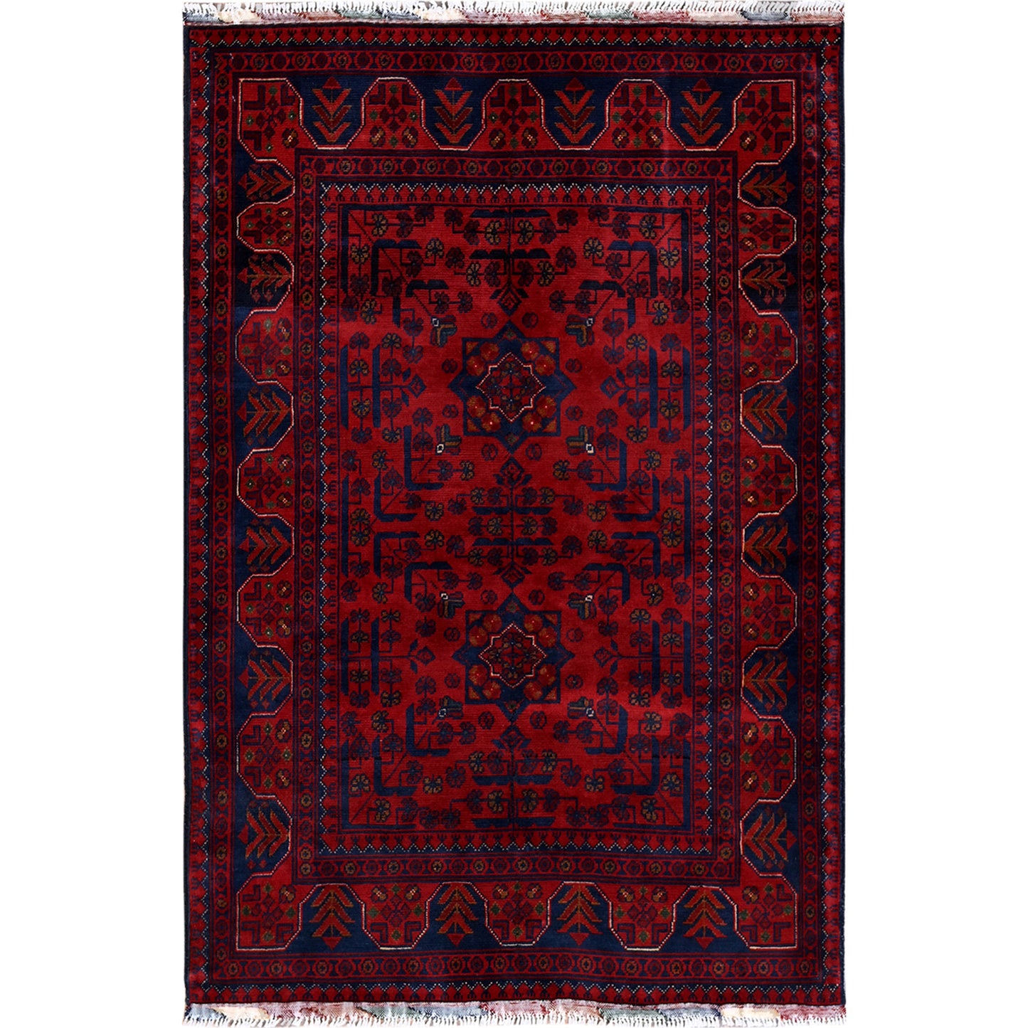 3'3"X4'10" Red Afghan Khamyab Geometric Pattern Hand Knotted Soft Wool Rug