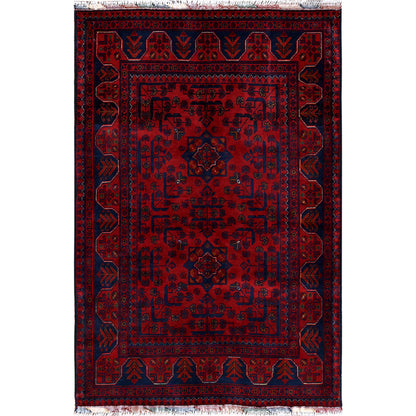 3'3"X4'10" Red Afghan Khamyab Geometric Pattern Hand Knotted Soft Wool Rug