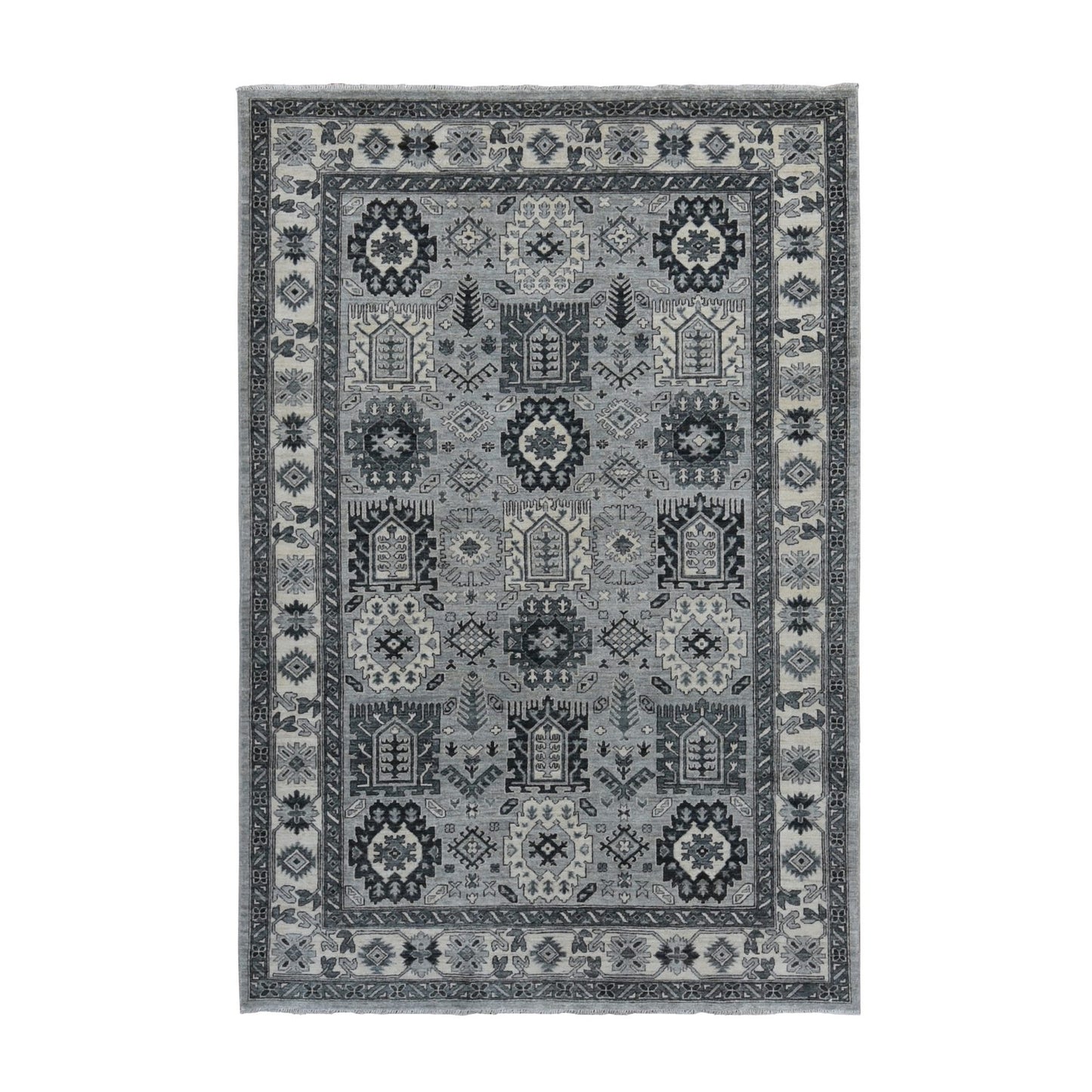 6'2"X9'2" Gray Pure Wool Hand Knotted Peshawar With Karjihooz Design Rug