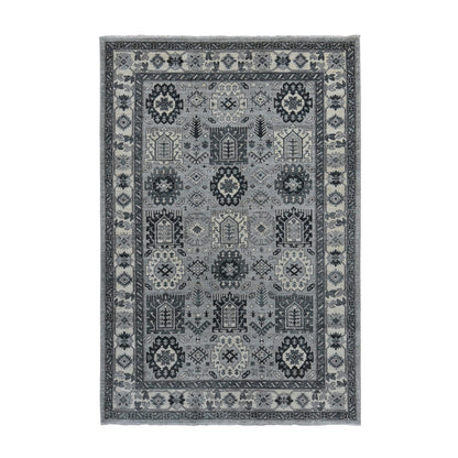 6'2"X9'2" Gray Pure Wool Hand Knotted Peshawar With Karjihooz Design Rug