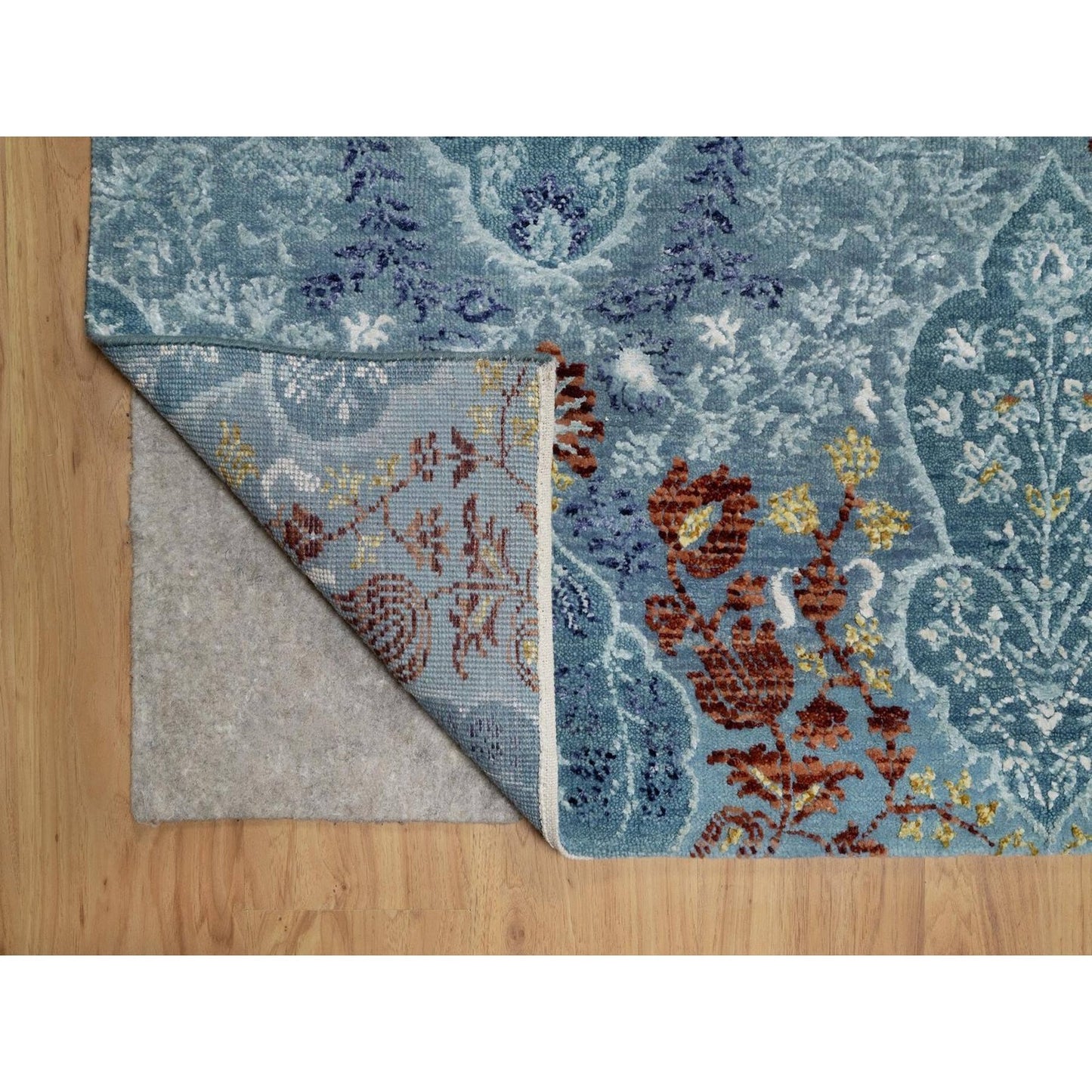 8'1"X10'1" Cerulean Blue Jewelry Design Wool And Silk Hand Knotted Rug