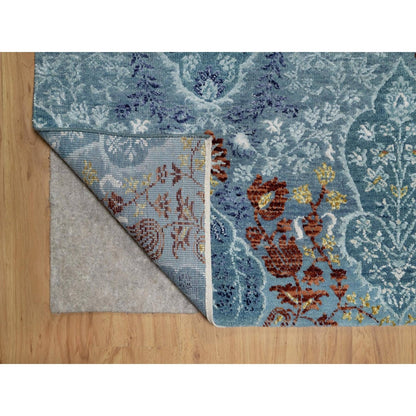 8'1"X10'1" Cerulean Blue Jewelry Design Wool And Silk Hand Knotted Rug