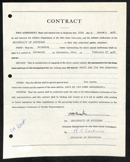 Fritz Crisler Cfb Hof Signed 1952 Contract