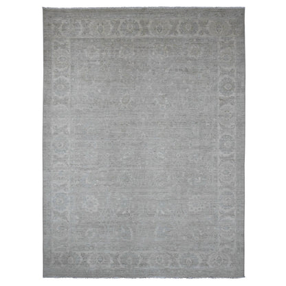9'X12' Gray Hand Knotted Washed Out Peshawar Vines Design 100% Wool Rug