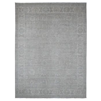 9'X12' Gray Hand Knotted Washed Out Peshawar Vines Design 100% Wool Rug