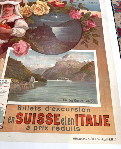 L'Italie St Gotthard Swiss By Hugo D'Alesi Original Naples 1900 Chemin De Fer