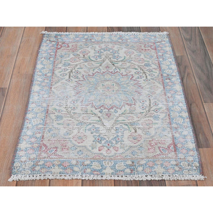 2'X2'7" Ivory Vintage Farsian Karman Worn Wool Hand Knotted Mat Rug