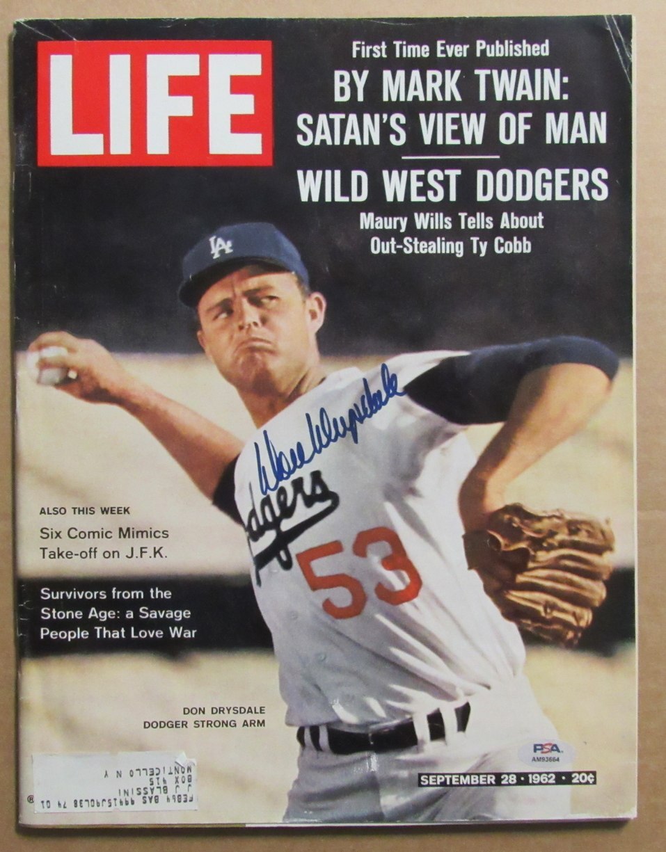 Don Drysdale Hof La Dodgers Signed Sept 28, 1962 Life Magazine Psa/Dna 183672