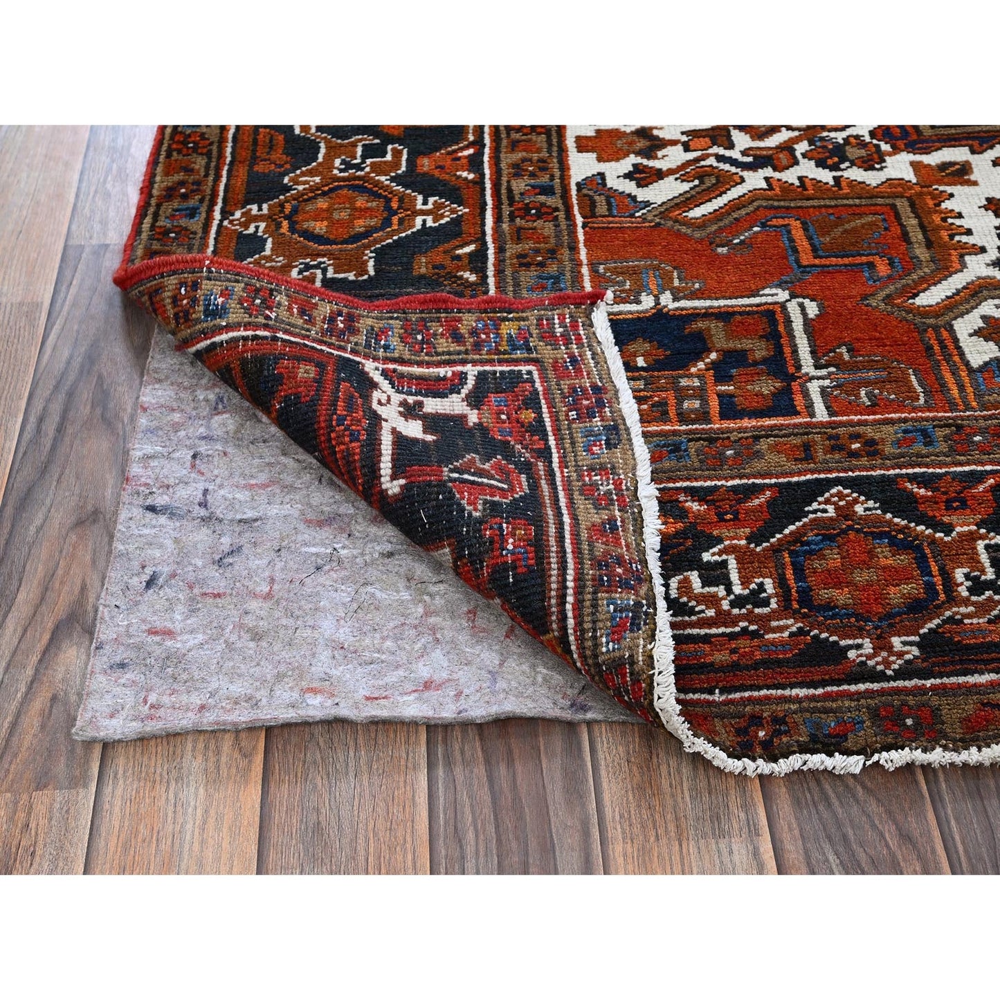 6'7"X9'7" Vivid Orange Vintage Zoroastrian Heris Pure Wool Hand Knotted Rug