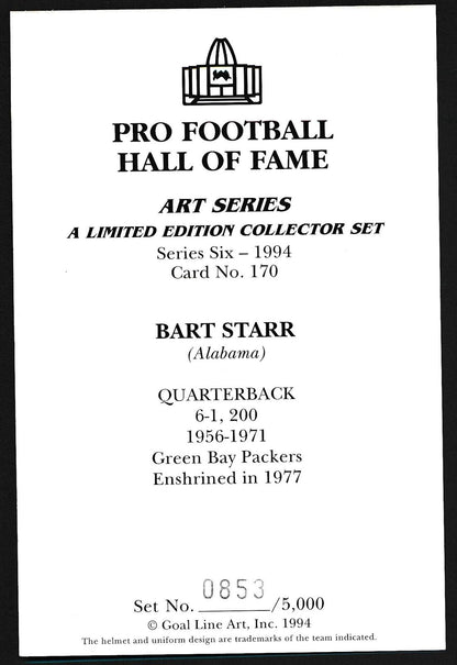 Bart Starr Hof Packers Signed/Inscr 1994 Goal Line Art Glac Postcard 163106