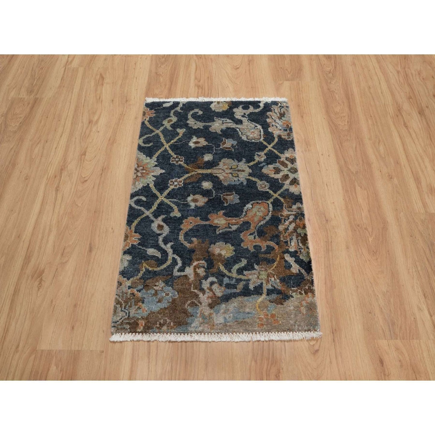 2'X3' Midnight Blue Broken Oushak Design Pure Wool Hand Knotted Mat Rug
