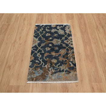 2'X3' Midnight Blue Broken Oushak Design Pure Wool Hand Knotted Mat Rug