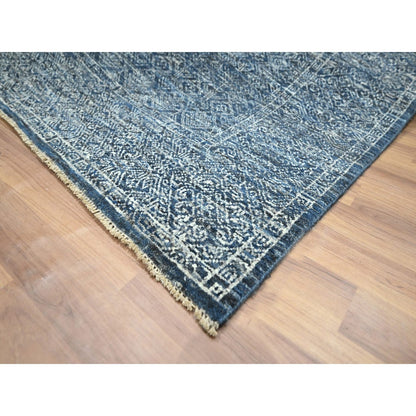 8'1"X10' Denim Blue Hand Knotted Wool And Silk Rug Intricate Tree Design