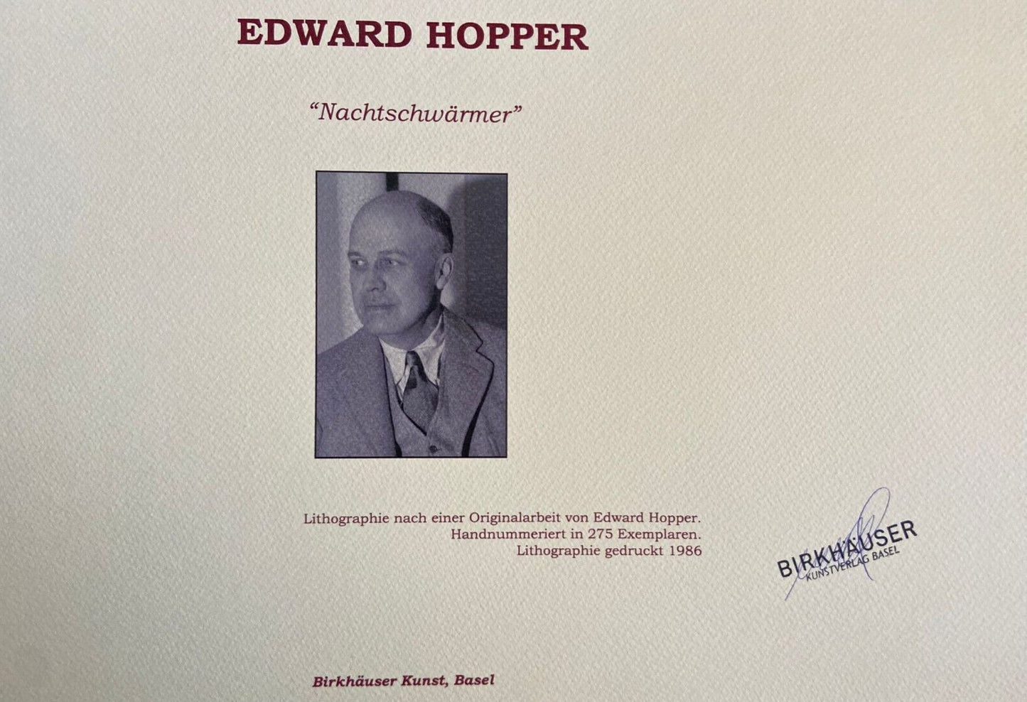 Edward Hopper Lithograph Coa Signed Certificate