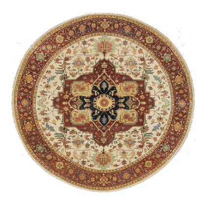10'X10' Ivory Heris Re-Creation Hand Knotted Wool Round Oriental Rug