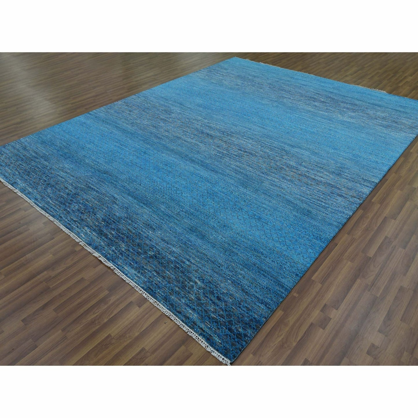 9'1"X11'10" Blue Pure Wool Hand Knotted Modern Chiaroscuro Collection Rug