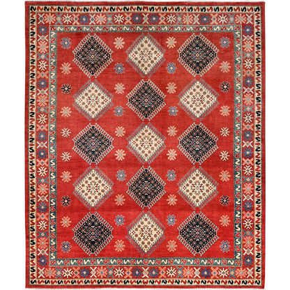 8'1"X9'9" Red Special Kazak All Over Medallions Wool Hand Knotted Rug