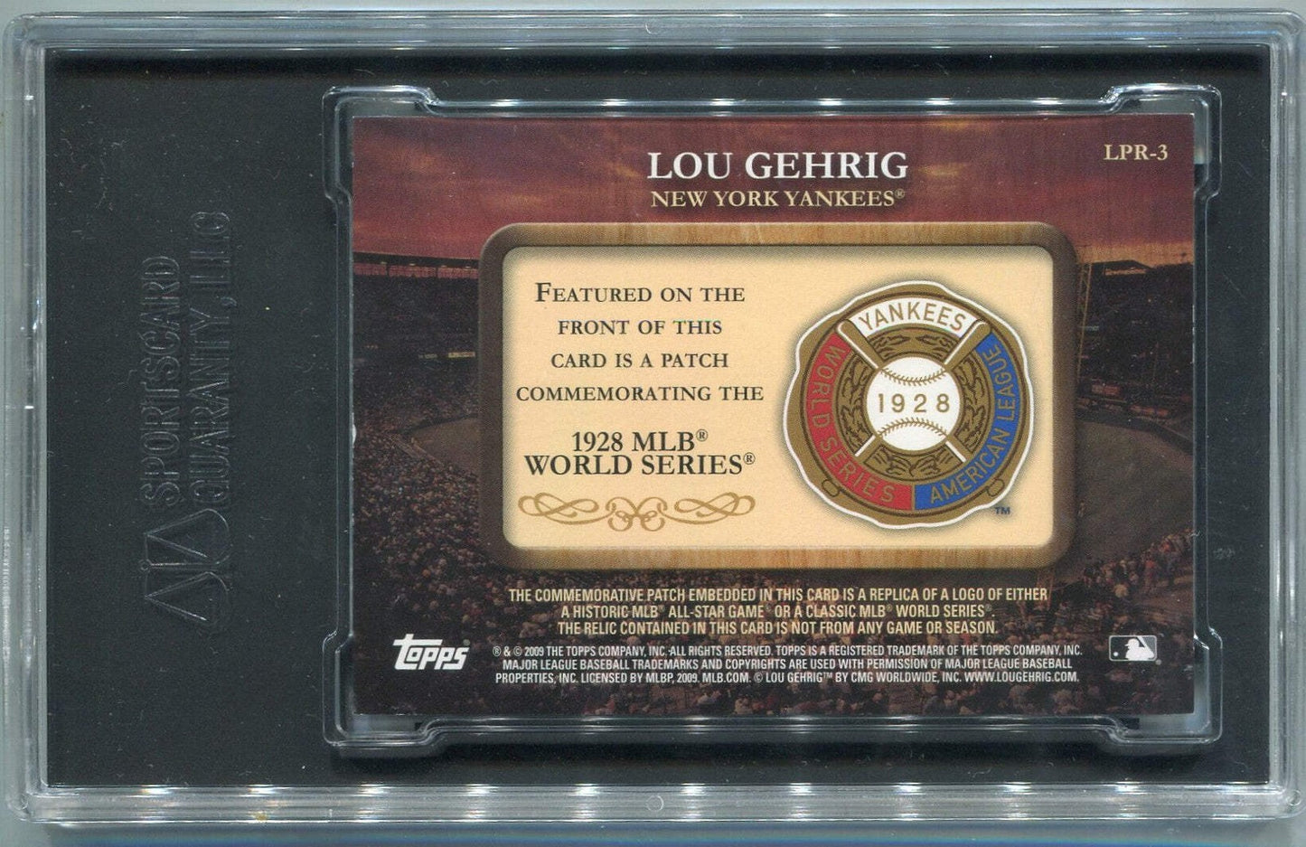 Lou Gehrig 2009 Topps Legends Commemorative Patch Card #Lpr-3 Sgc Graded 8.5