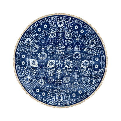 6'2"X6'2" Blue Tone On Tone Wool And Silk Round Hand Knotted Oriental Rug