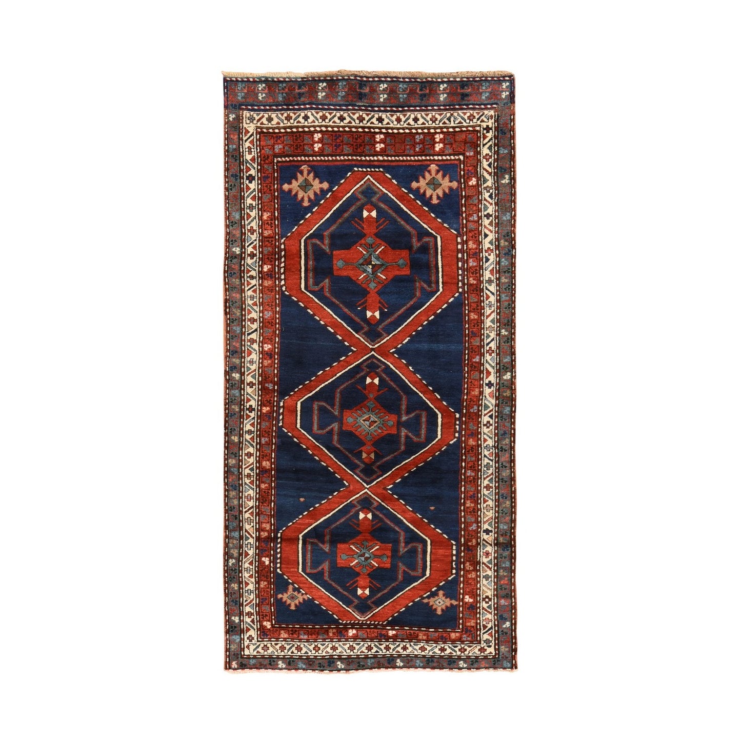 4'X8'9" Navy Blue Antique Caucasian Rug Armenian Kazak Wool Hand Knotted