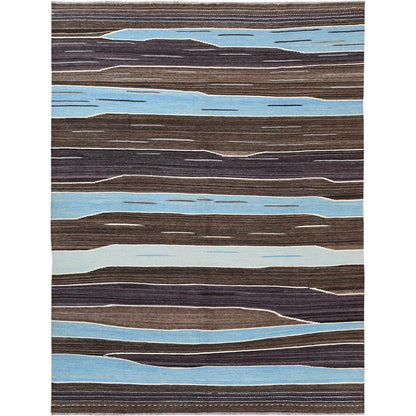 8'3"X10'2" Brown And Blue Mountain Design Flat Weave Kilim Hand Woven Rug