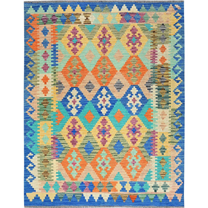 5'X6'4" Blue Afghan Kilim Geometric Pure Wool Hand Woven Flat Weave Rug