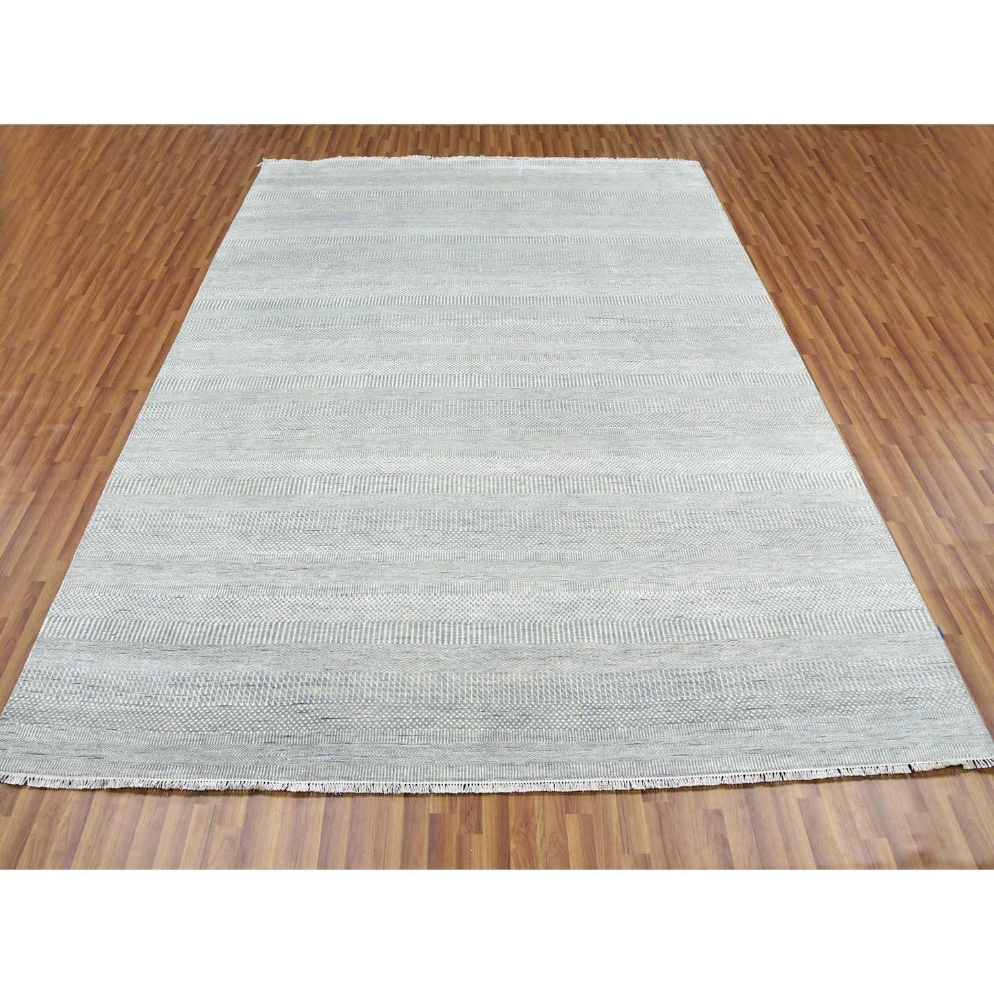 9'X12'1" Battleship Gray Wool And Silk Hand Knotted Grass Design Rug